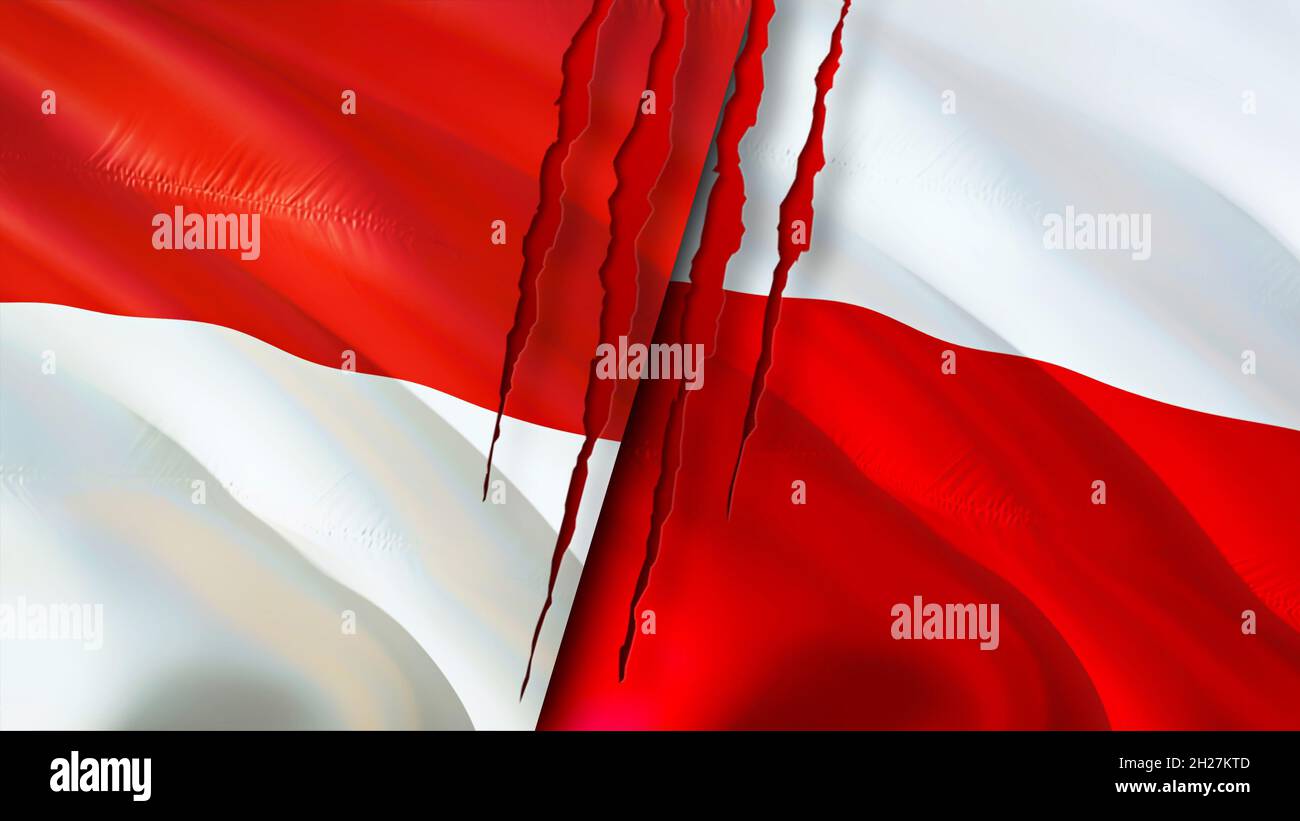 Indonesia and Poland flags with scar concept. Waving flag,3D rendering. Indonesia and Poland