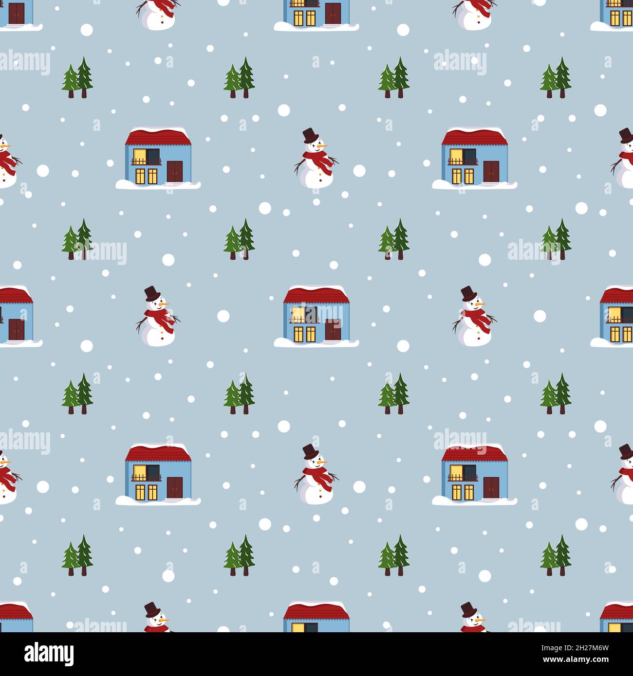 Seamless pattern with festive Christmas houses, snowman, trees and snowflakes on blue background. Bright print for the New Year and winter holidays for wrapping paper, textiles and design. Stock Vector