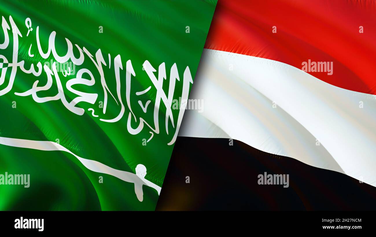 Saudi Arabia and Yemen flags. 3D Waving flag design. Yemen Saudi Arabia