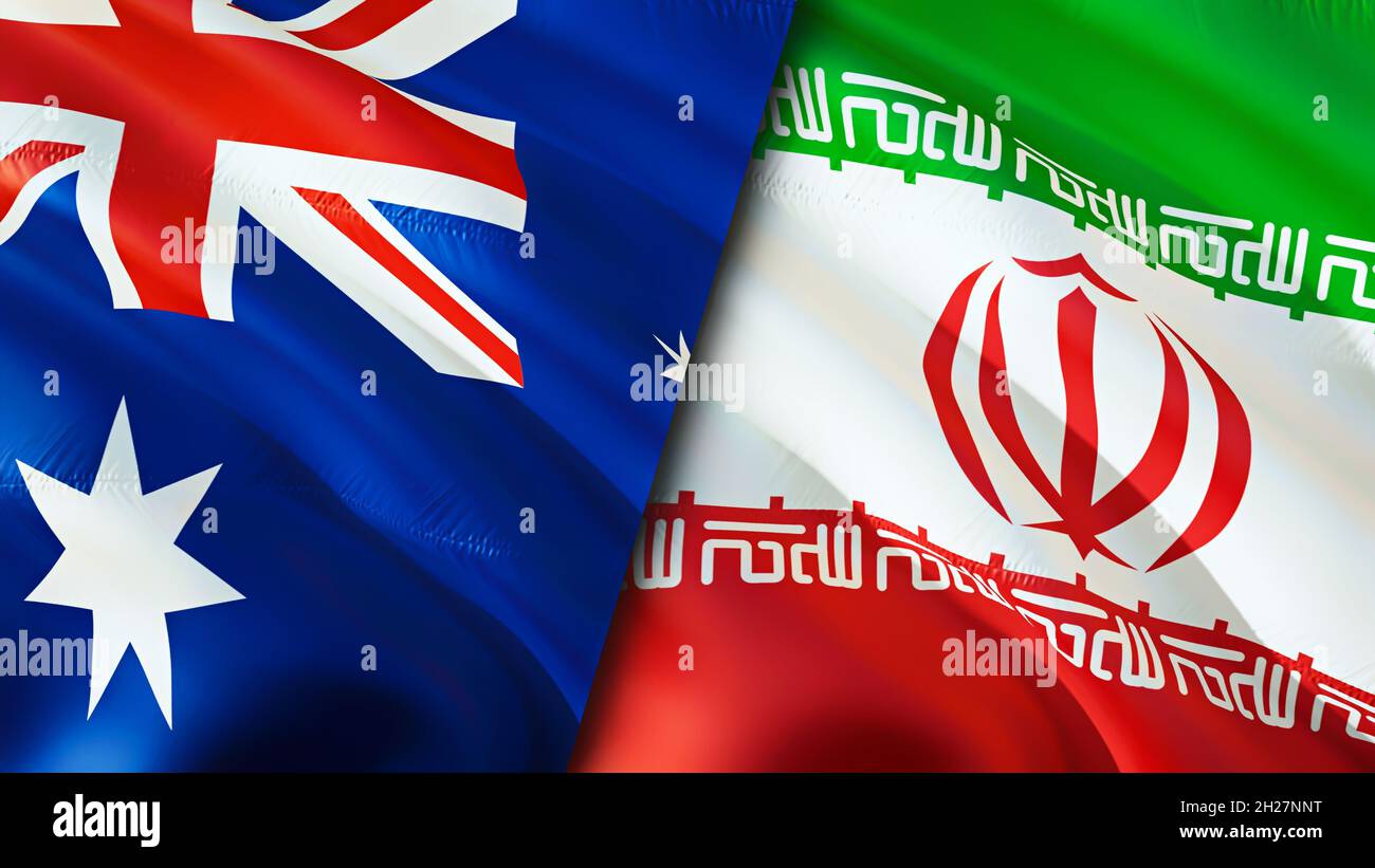 Australia and Iran flags. 3D Waving flag design. Australia Iran flag, picture, wallpaper. Australia vs Iran image,3D rendering. Australia Iran relatio Stock Photo