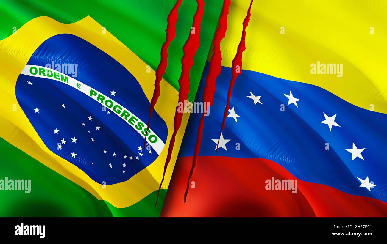 Brazil and Venezuela flags with scar concept. Waving flag 3D rendering. Brazil and Venezuela conflict concept. Brazil Venezuela relations concept. fla Stock Photo