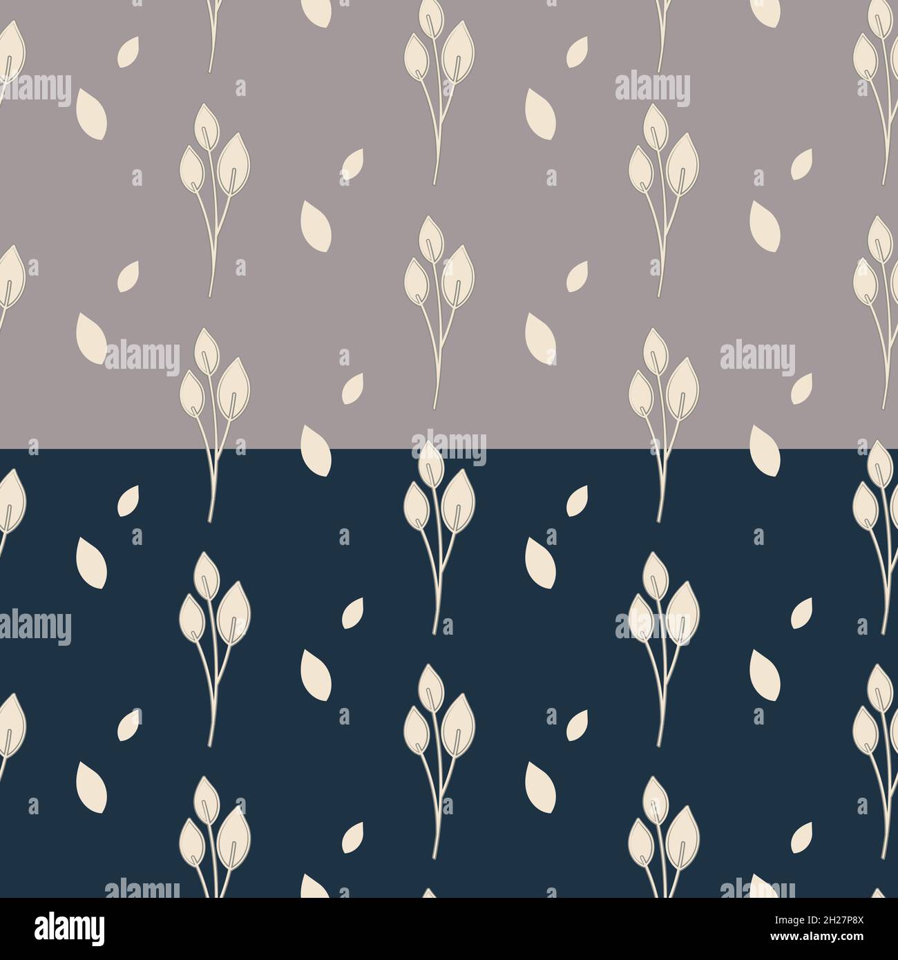 Hand painted seamless pattern. Leaves branch silhouettes illustration in grey, cream white. Modern minimal natural textile print. Dark blue or beige Stock Vector