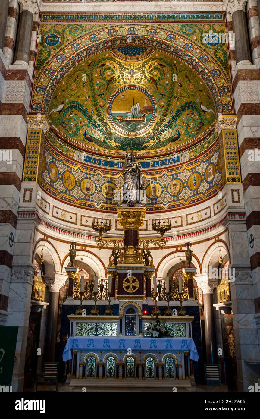 Interior of the Notre-Dame de La Garde basilica, in Byzantine Renaissance style, Marseilles, Provence, France Stock Photo