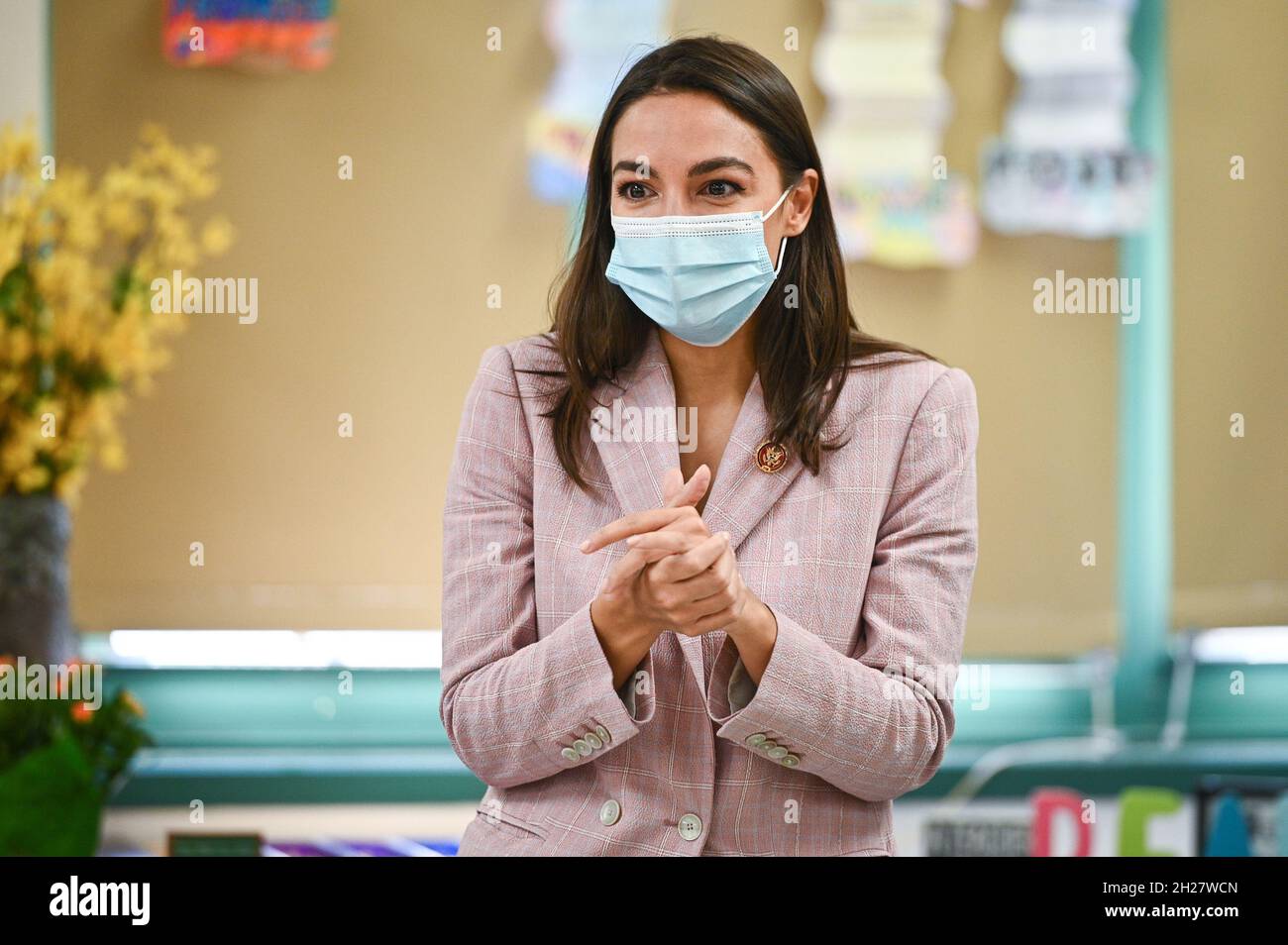 the Bronx, New York, Oct. 20, 2021. Alexandria OcasioCortez speaks