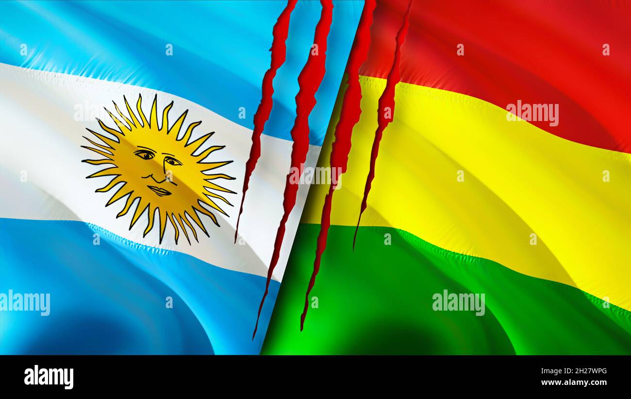 Argentina and Bolivia flags with scar concept. Waving flag 3D rendering