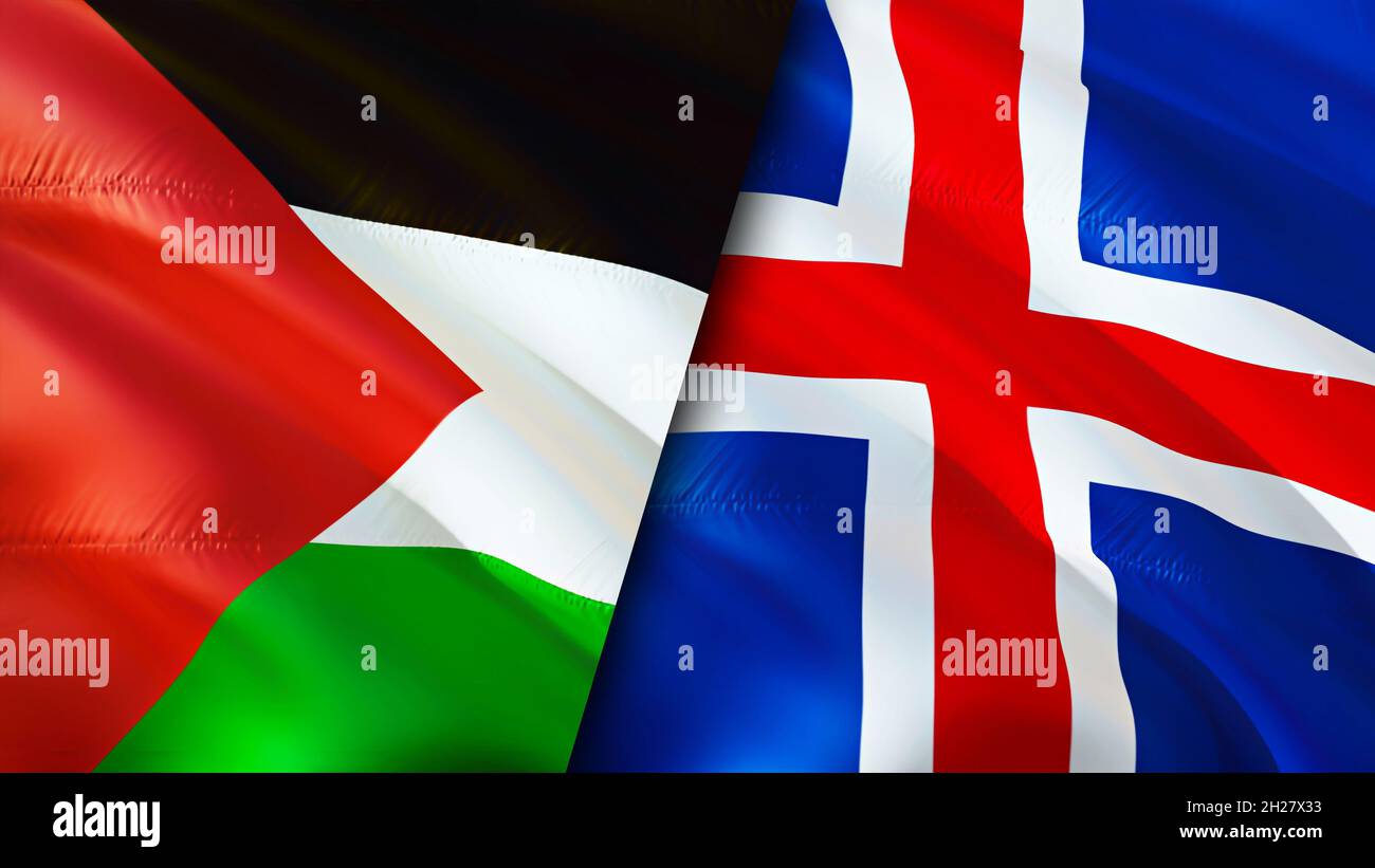 Palestine and Iceland flags. 3D Waving flag design. Palestine Iceland