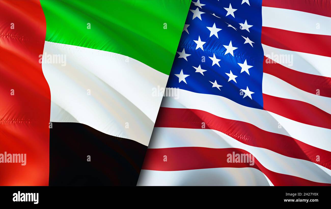 Emirates and USA flags. 3D Waving flag design. USA United Arab Emirates flag, picture, wallpaper