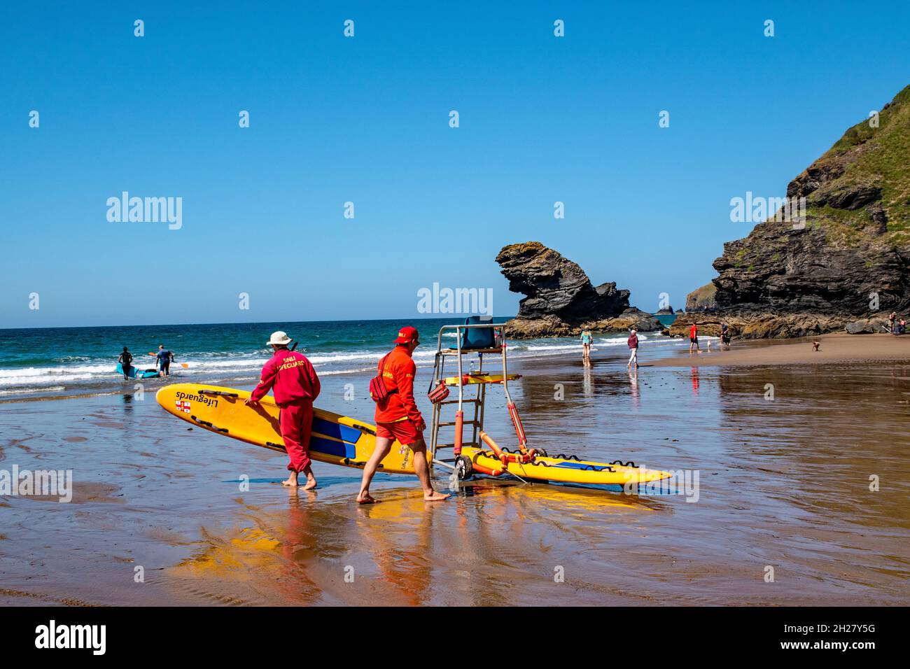 Life guards on Llangrannog Beach, Ceredigion, W.Wales. UK Stock Photo
