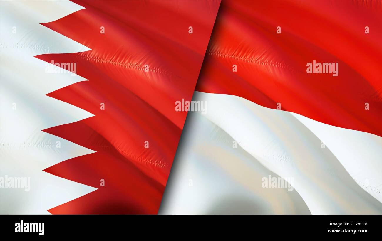 Bahrain and Indonesia flags. 3D Waving flag design. Indonesia Bahrain