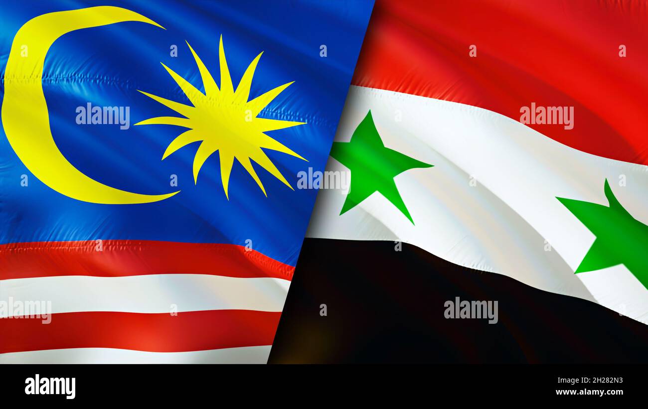 Malaysia and Syria flags. 3D Waving flag design. Malaysia Syria flag, picture, wallpaper. Malaysia vs Syria image,3D rendering. Malaysia Syria relatio Stock Photo