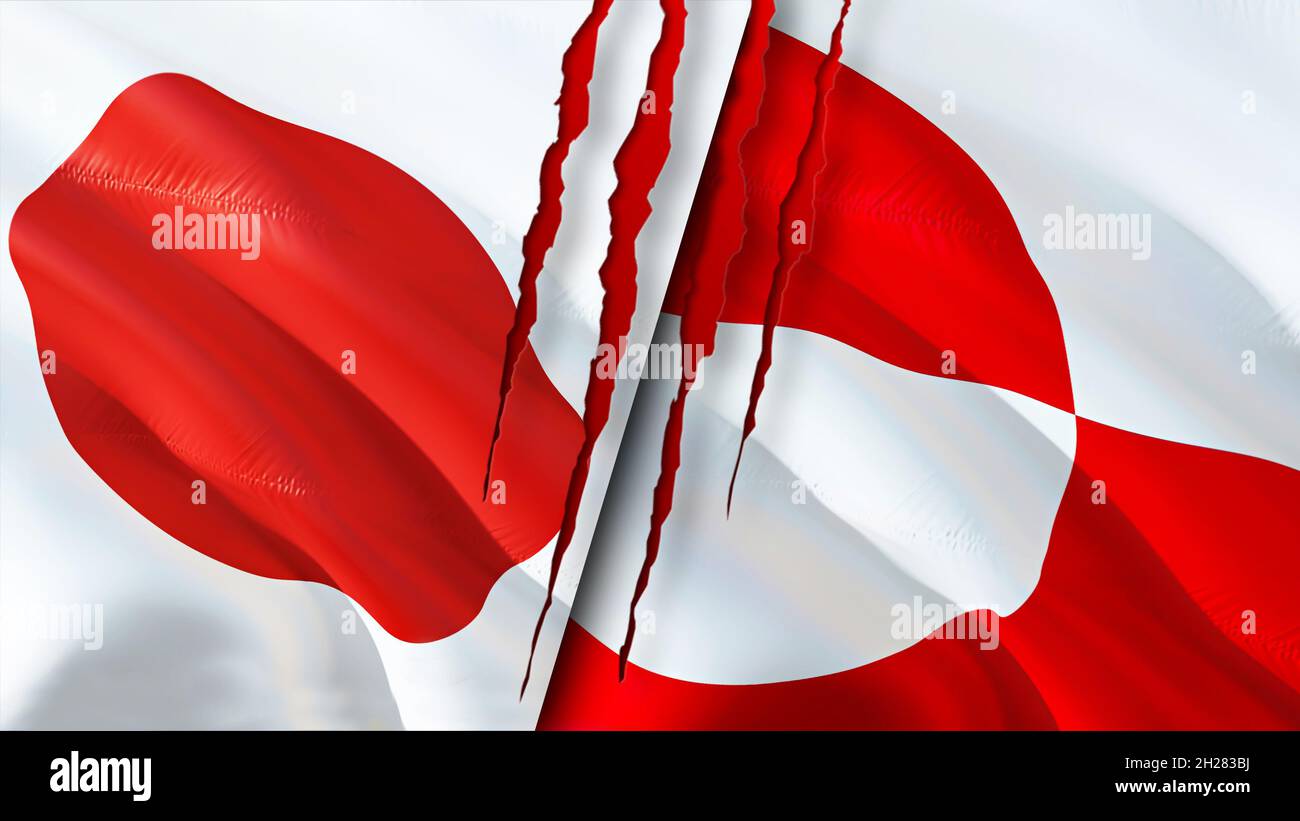 Japan and Greenland flags with scar concept. Waving flag,3D rendering