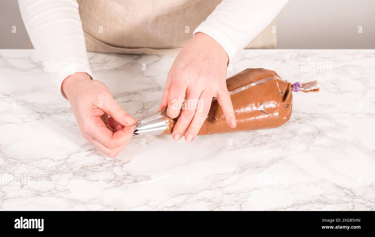 Step by step. Chocolate ganache frosting in a piping bag with a metal