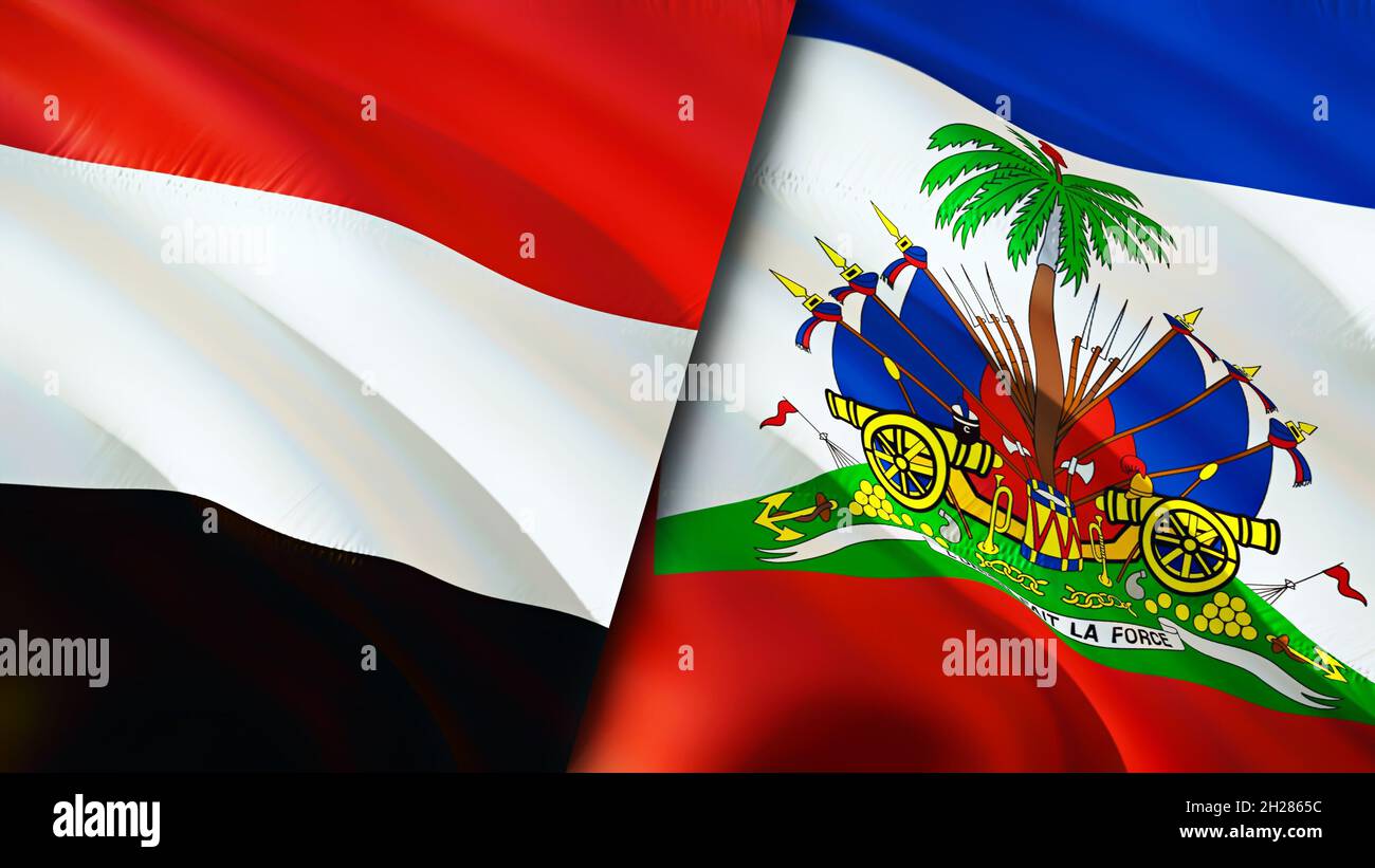 Yemen and Haiti flags. 3D Waving flag design. Yemen Haiti flag, picture, wallpaper. Yemen vs Haiti image,3D rendering. Yemen Haiti relations alliance Stock Photo