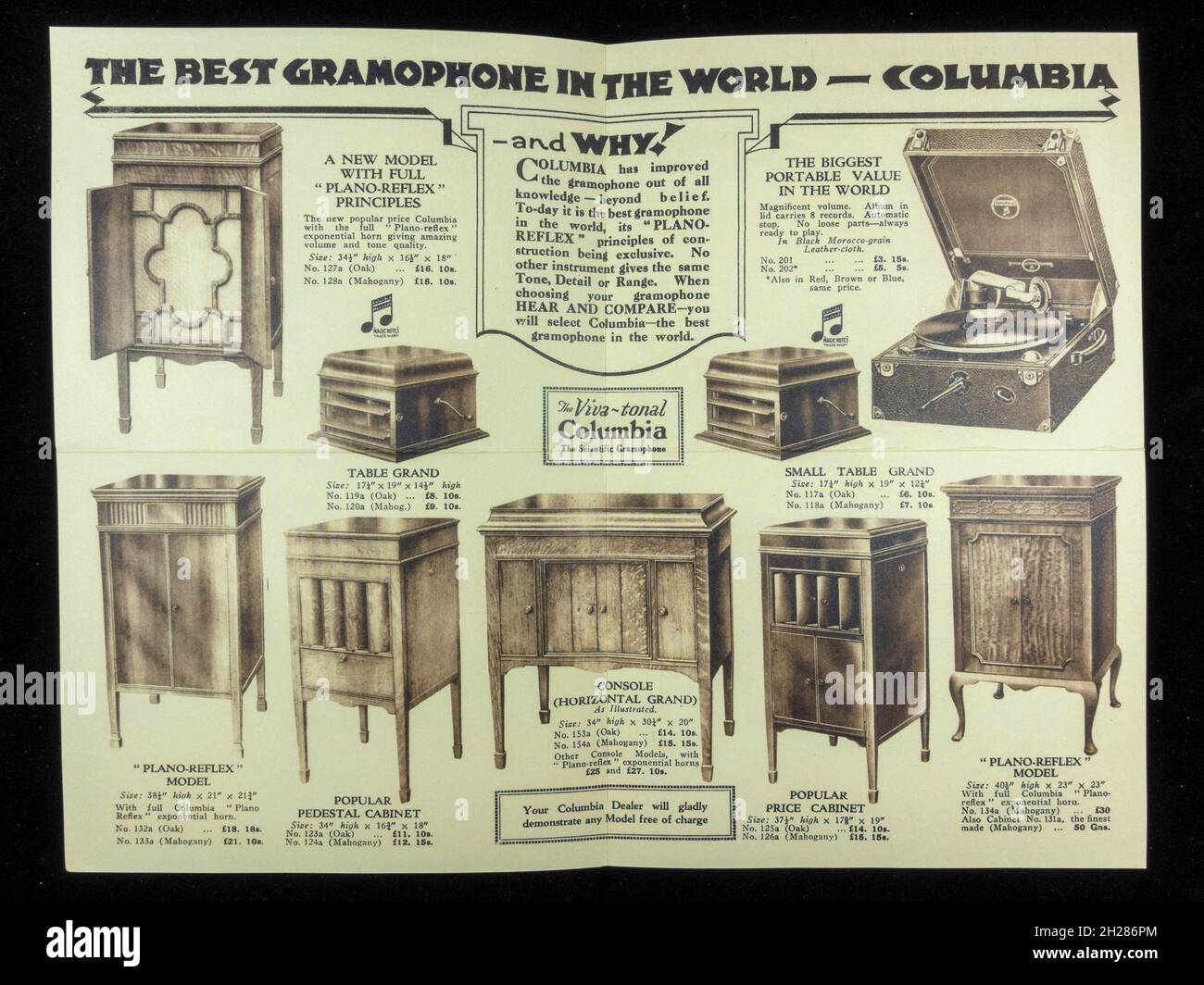 A replica copy of an 1920s advert for the Columbia gramophones,  'Best Gramophone in the World". Stock Photo