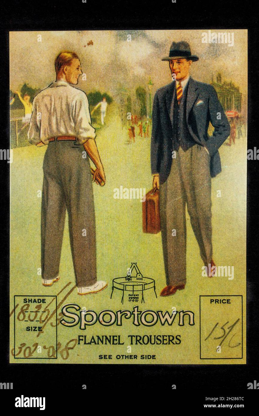 A replica copy of an 1920s advert for Sportown flannel trousers for men. Stock Photo