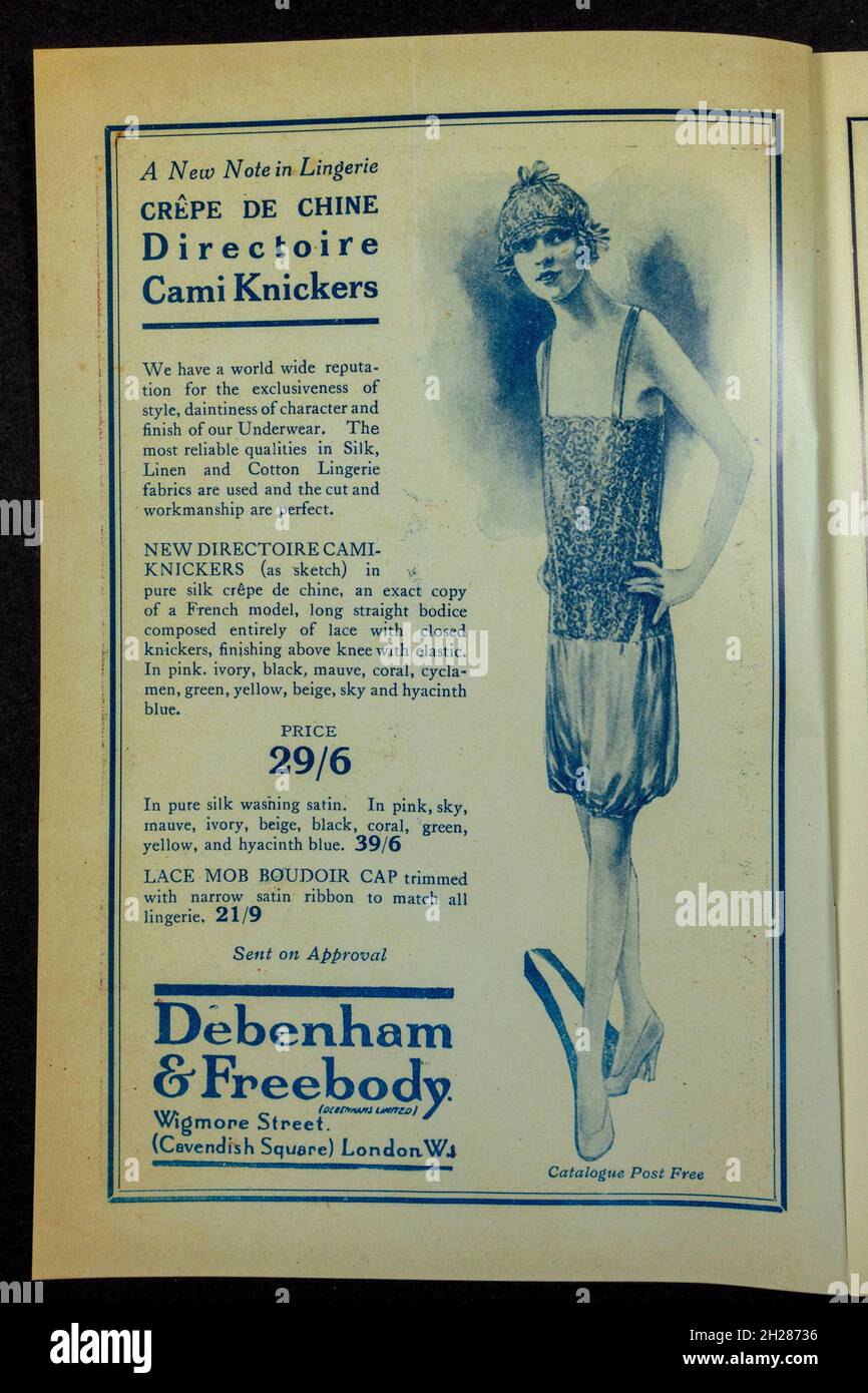 Ad for crepe de Chine Directoire Cami Knickers at Debenham & Freebody inside a (replica) 1920's programme for 'Mercenary Mary', London Hippodrome, UK. Stock Photo