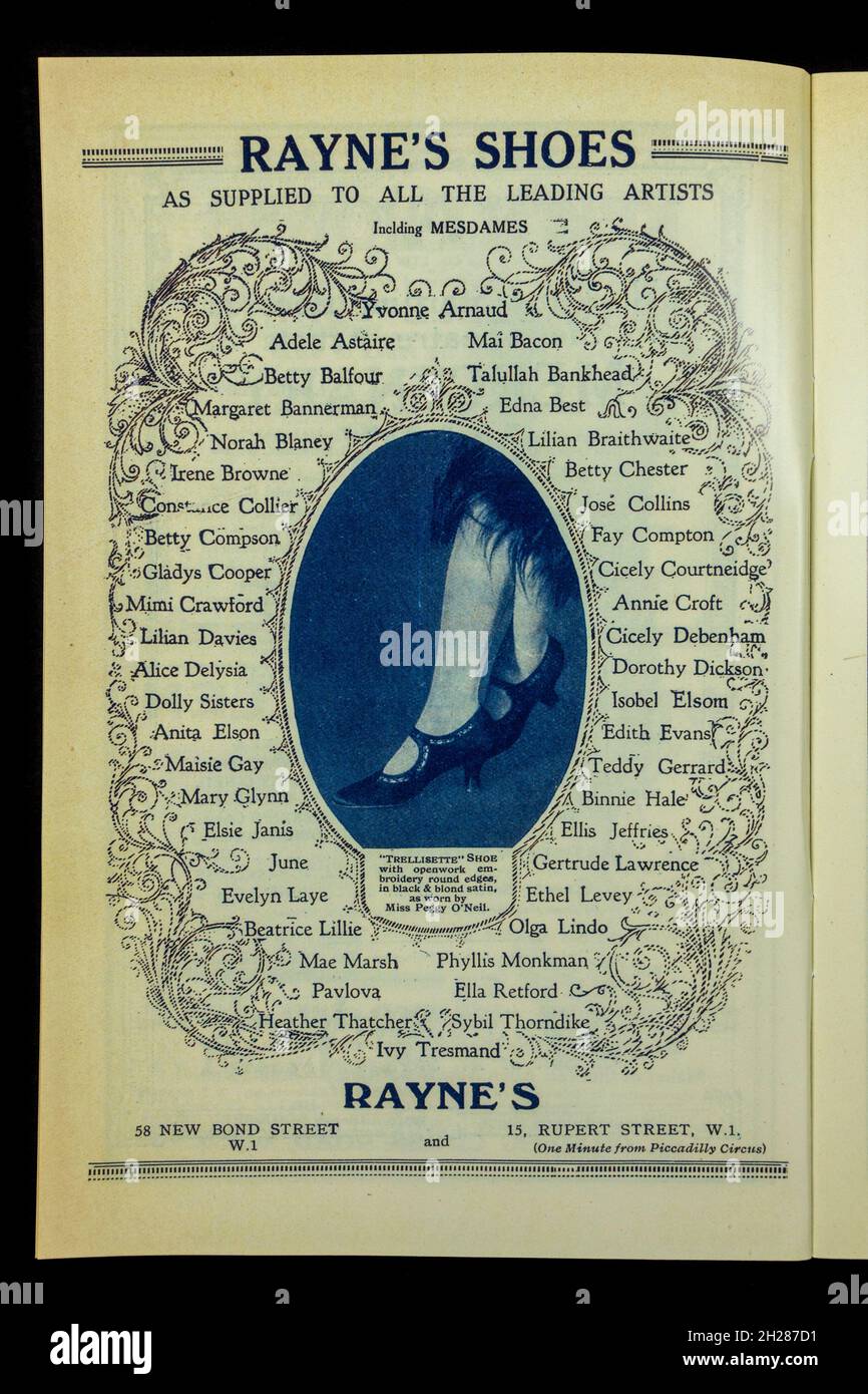 Advert for Rayne's Shoes inside a (replica) 1920's programme for 'Mercenary Mary' at the London Hippodrome, UK. Stock Photo