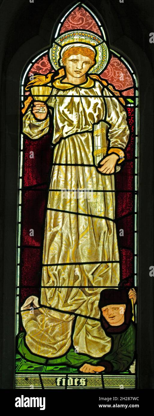 Fides, Faith, stained glass window, by Burne-Jones, 1865, detail from 'Faith, Hope and Charity' window, Sculthorpe church, Norfolk, England UK Stock Photo