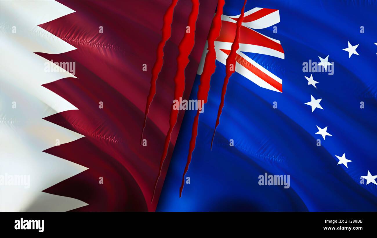 Qatar and Cook Islands flags with scar concept. Waving flag,3D ...