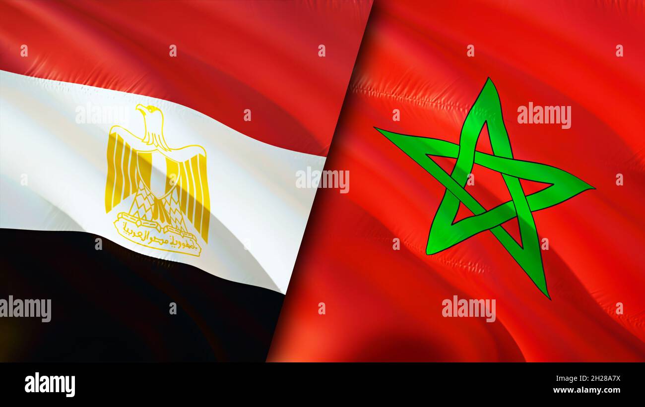 Egypt and Morocco flags. 3D Waving flag design. Morocco Egypt flag