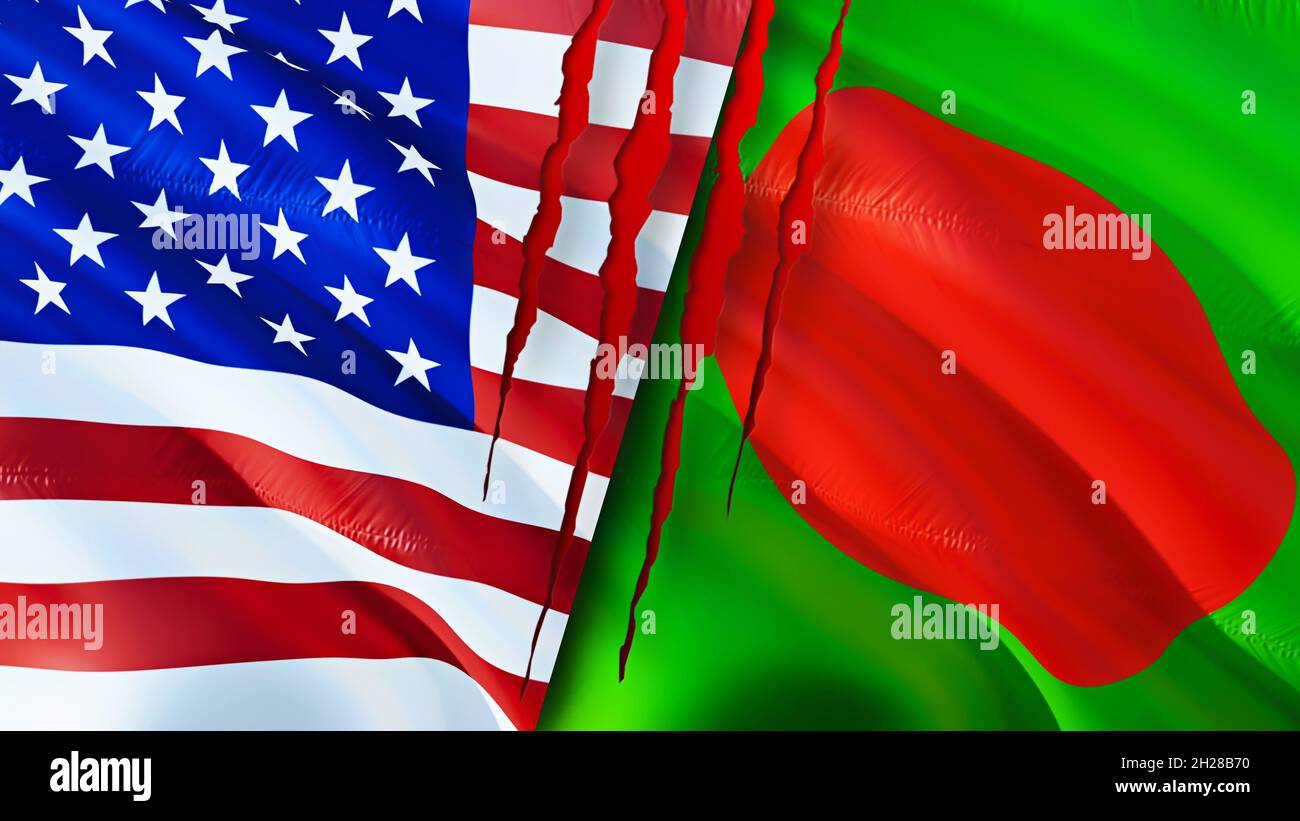 United States and Bangladesh flags with scar concept. Waving flag,3D ...