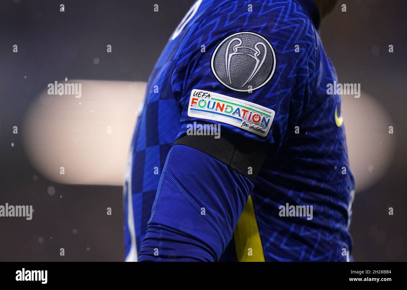 Detail of the UEFA Foundation badge on the shirt of a Chelsea player during  the UEFA Champions League, Group H match at Stamford Bridge, London.  Picture date: Wednesday October 20, 2021 Stock
