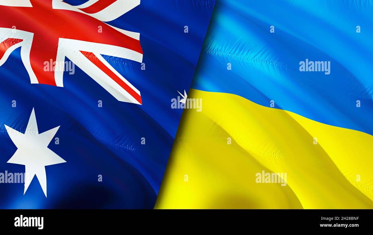 Australia and Ukraine flags. 3D Waving flag design. Australia Ukraine flag, picture, wallpaper. Australia vs Ukraine image,3D rendering. Australia Ukr Stock Photo