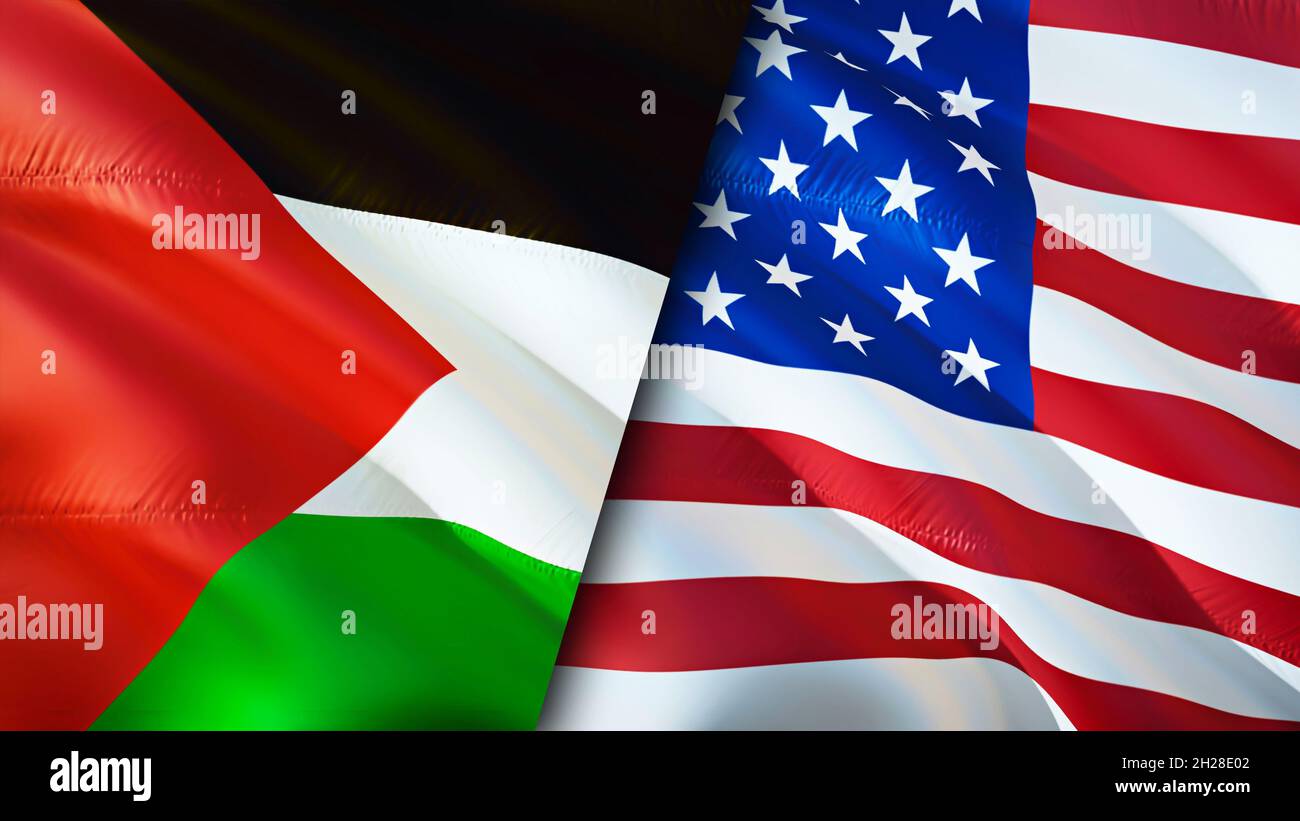 Palestine and USA flags. 3D Waving flag design. Palestine USA flag