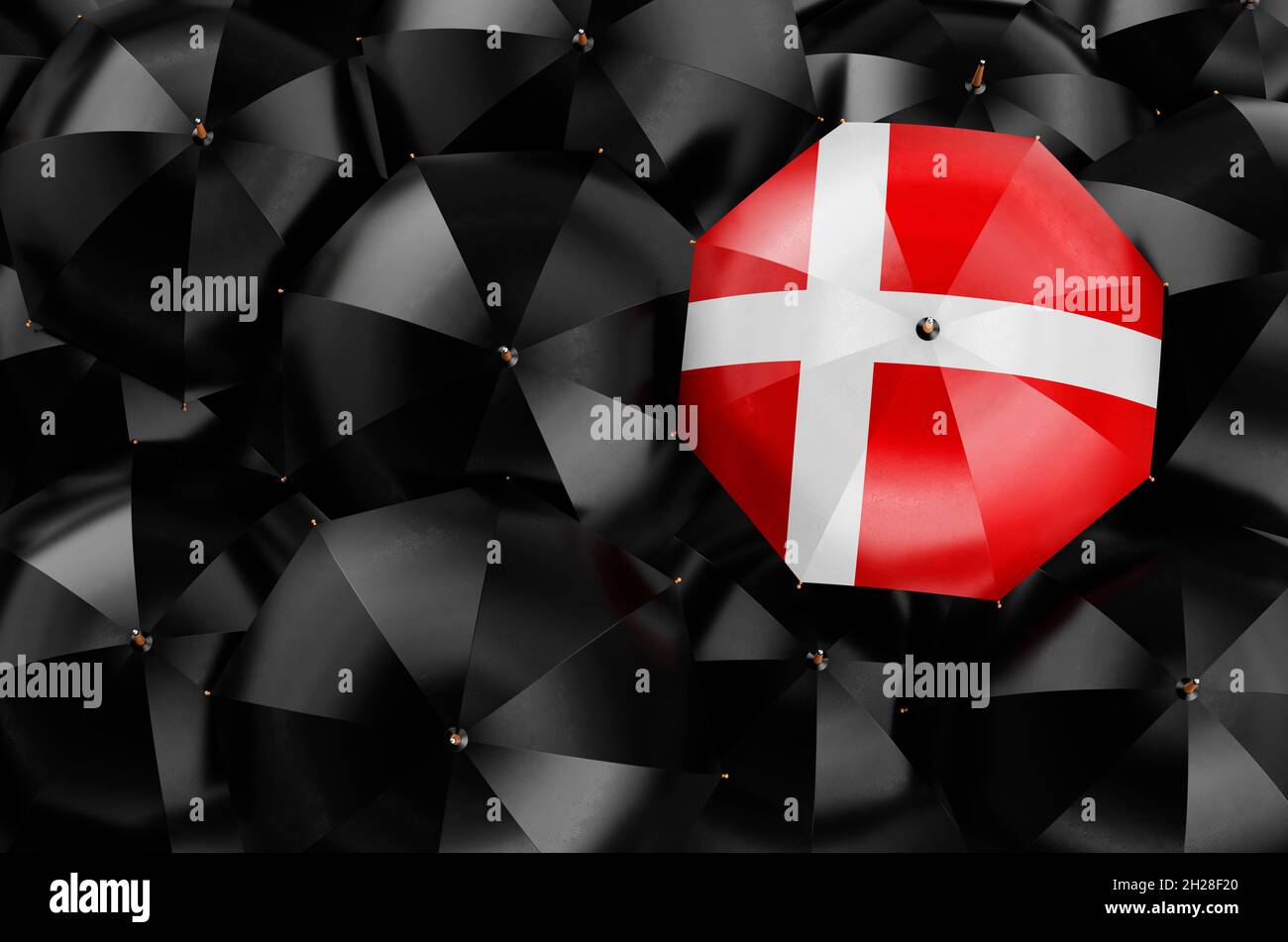 Umbrella with Danish flag among black umbrellas, top view. 3D rendering