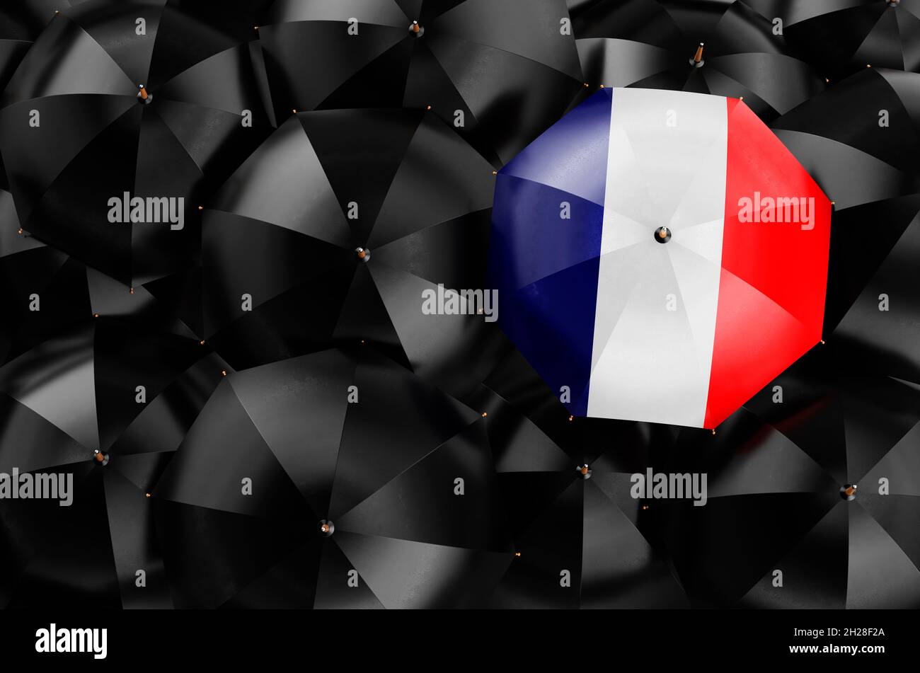 Umbrella with French flag among black umbrellas, top view. 3D rendering