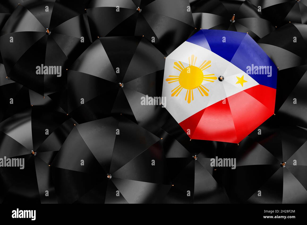 Umbrella with Filipino flag among black umbrellas, top view. 3D
