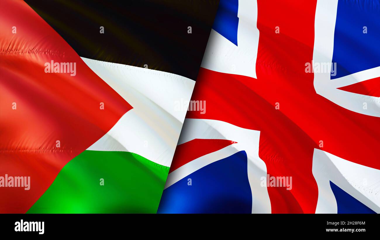 Palestine and United Kingdom flags. 3D Waving flag design. Palestine
