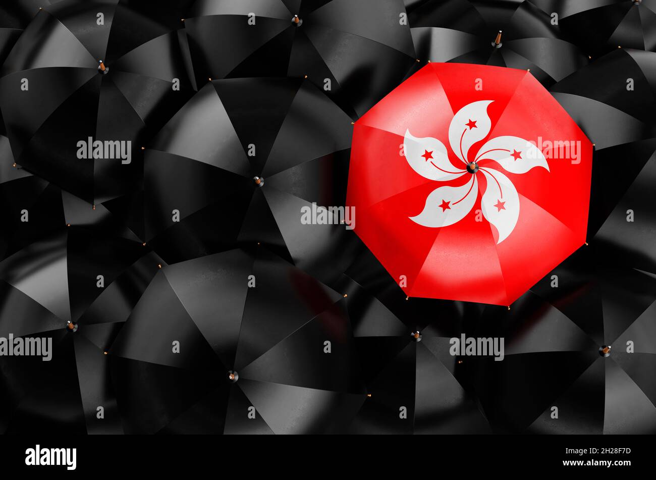 Umbrella with Hong Kong flag among black umbrellas, top view. 3D