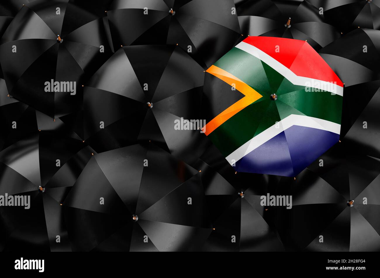 Umbrella with South African flag among black umbrellas, top view. 3D