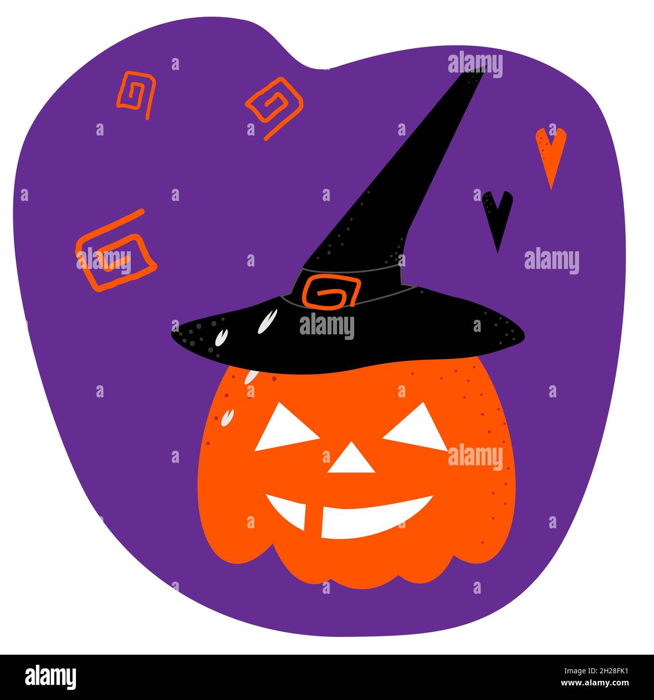 Orange pumpkin on Halloween in a black witch hat and two hearts on a purple background. Vector illustration Stock Vector