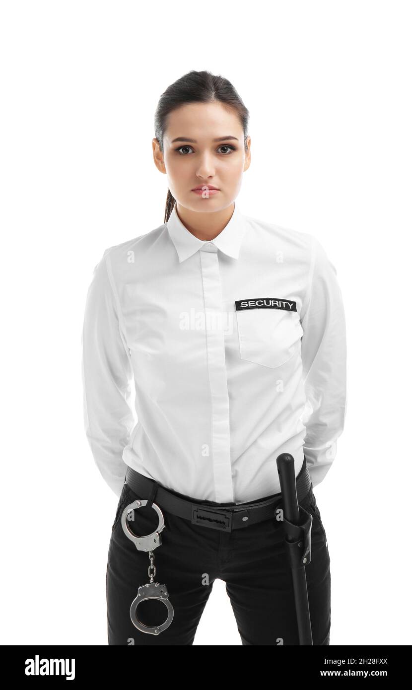 Female security guard in uniform on white background Stock Photo - Alamy