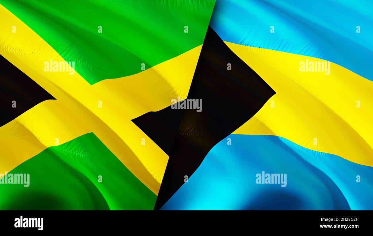 Jamaica and Bahamas flags. 3D Waving flag design. Jamaica Bahamas flag