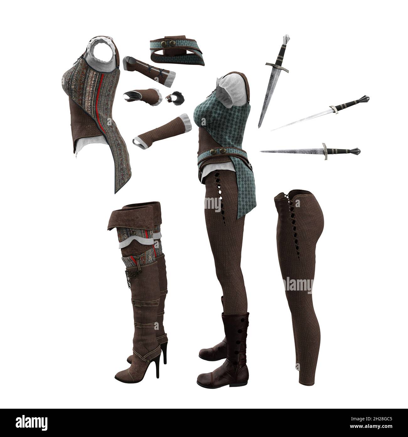 Fantasy adventure clothing on isolated back white background, 3D
