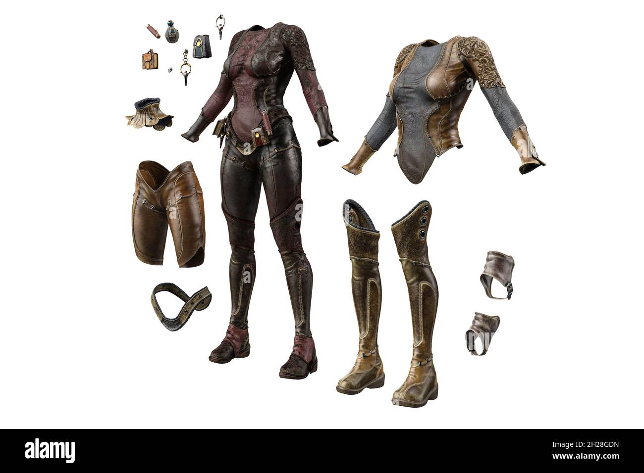 Fantasy adventure clothing on isolated back white background, 3D