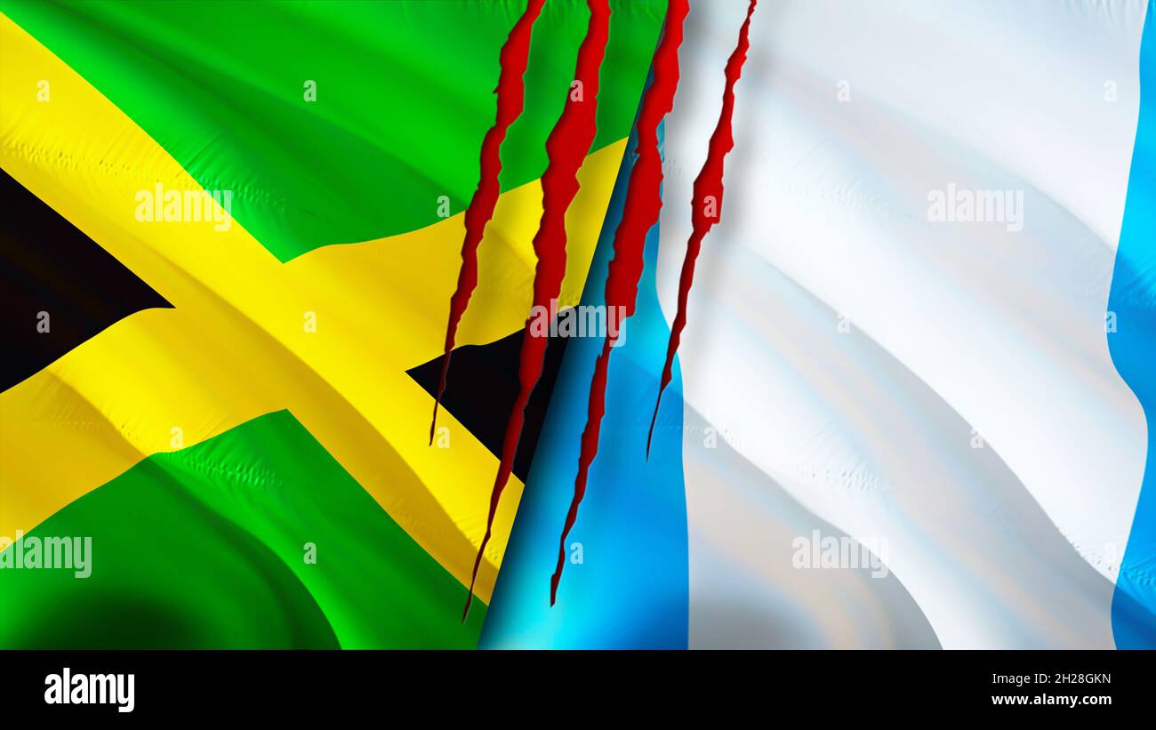 Jamaica and Guatemala flags with scar concept. Waving flag,3D rendering. Jamaica and Guatemala conflict concept. Jamaica Guatemala relations concept. Stock Photo