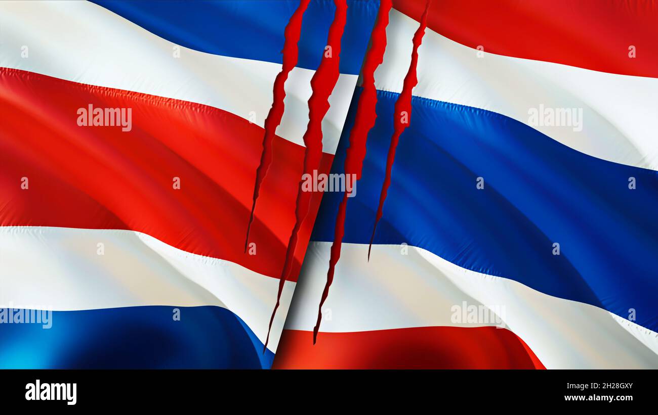 Costa Rica and Thailand flags with scar concept. Waving flag 3D