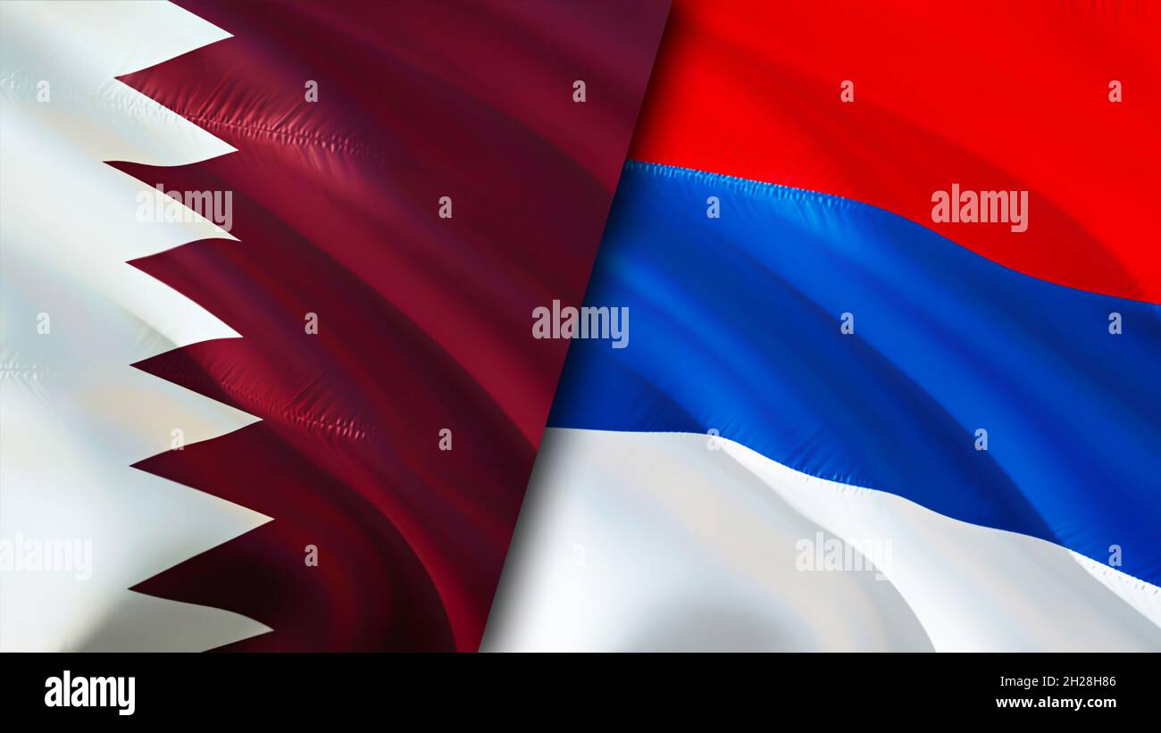Qatar and Serbia flags. 3D Waving flag design. Serbia Qatar flag, picture, wallpaper. Qatar vs Serbia image,3D rendering. Qatar Serbia relations allia Stock Photo