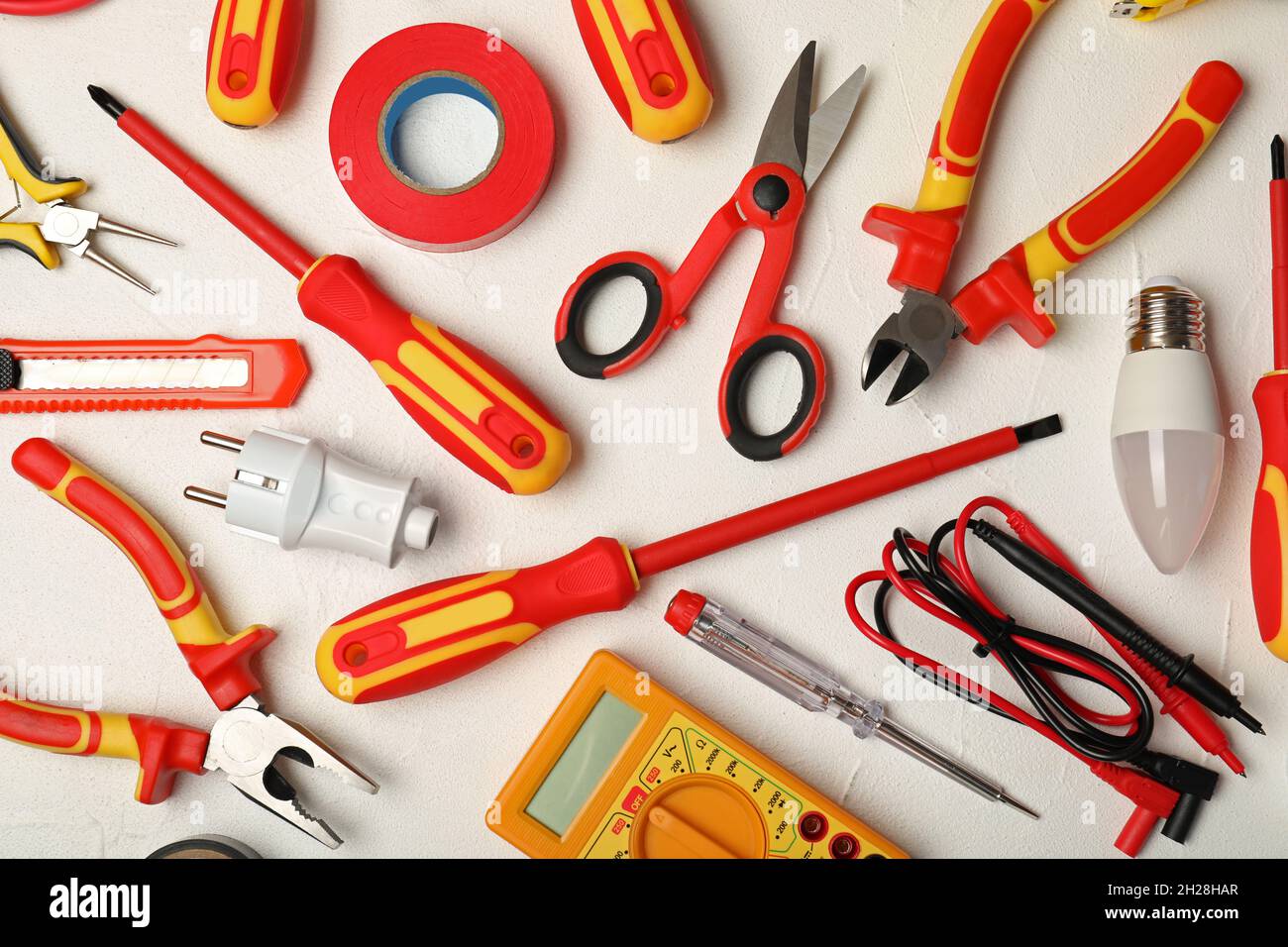 Flat lay composition with electrician's tools on light background Stock ...
