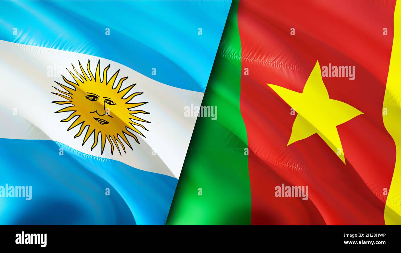 Argentina and Cameroon flags. 3D Waving flag design. Argentina Cameroon