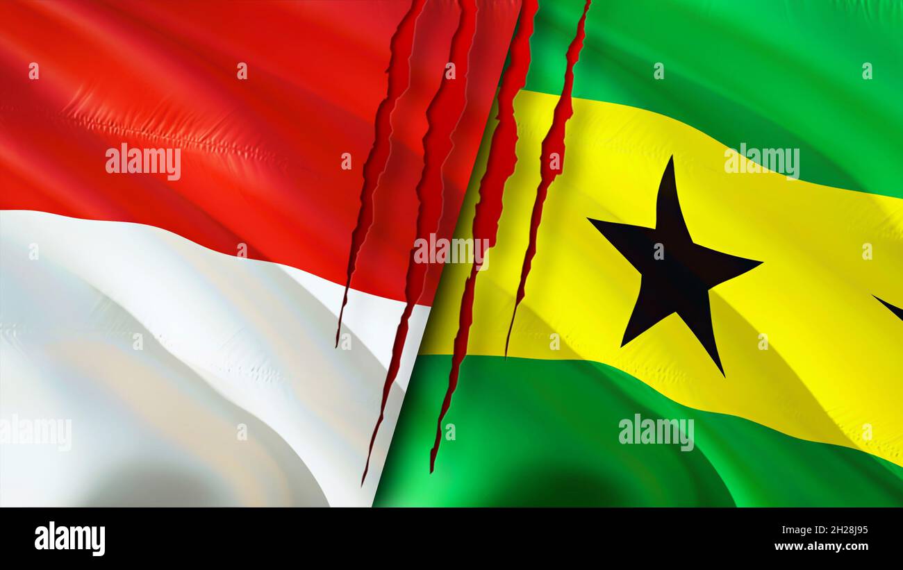 Indonesia and Sao Tome and Principe flags with scar concept. Waving