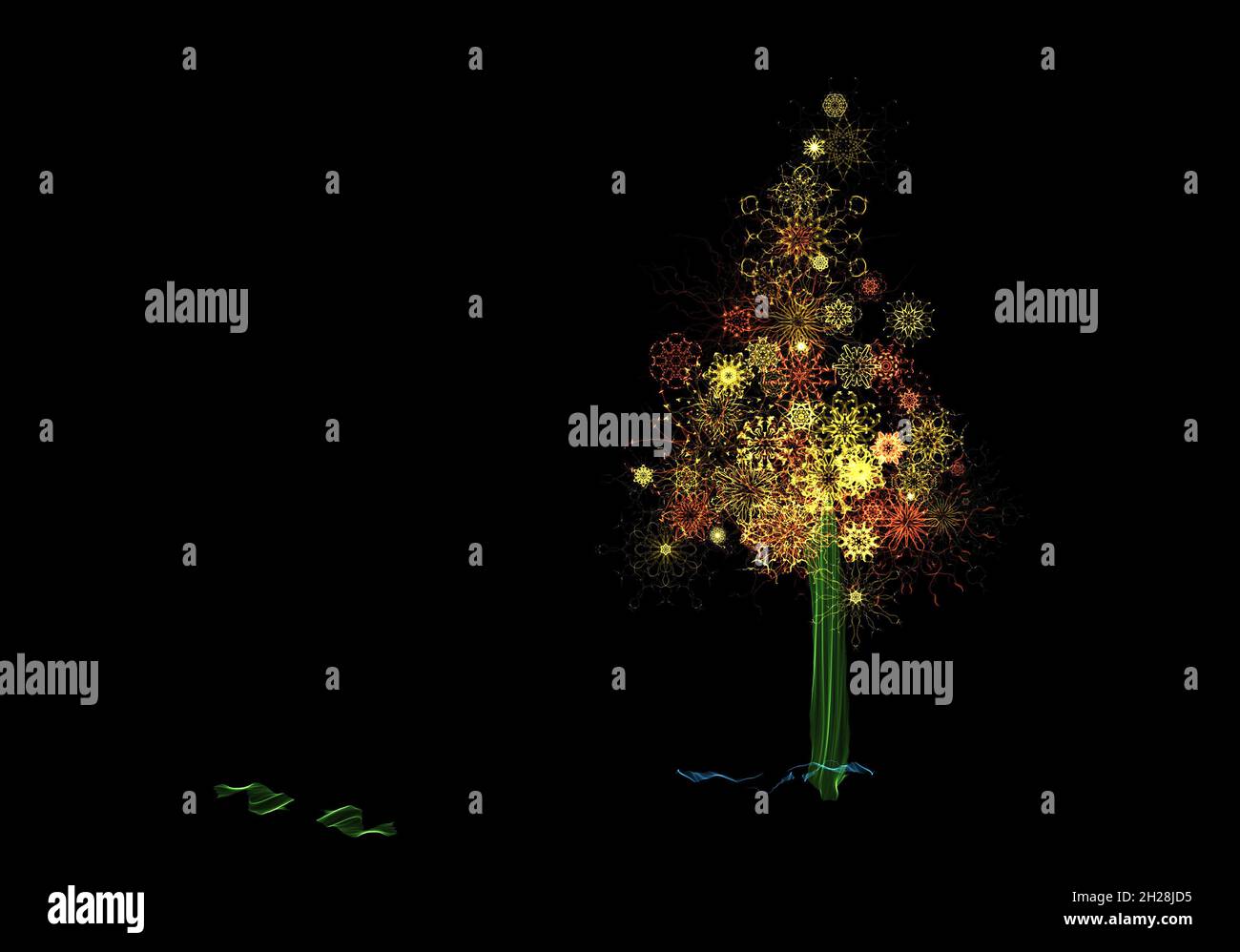Bright tree with a crown of fractal structures on black background ...