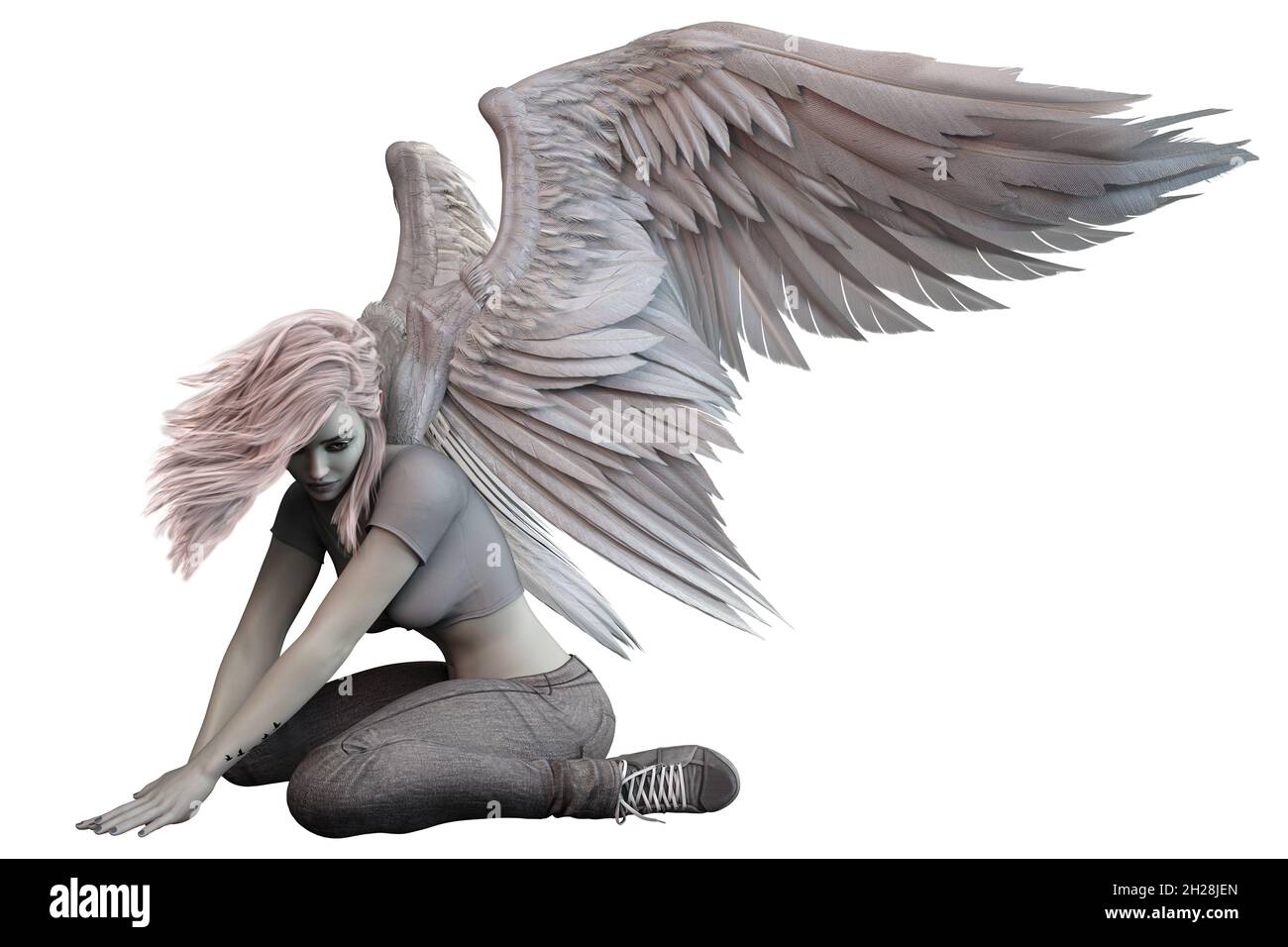 Fallen Angel with White Wings Caucasian Woman on Isolated White Background, 3D illustration, 3D Rendering Stock Photo
