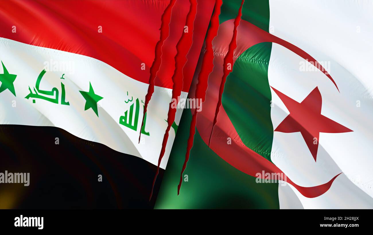 Iraq and Algeria flags with scar concept. Waving flag,3D rendering. Algeria and Iraq conflict concept. Iraq Algeria relations concept. flag of Iraq an Stock Photo