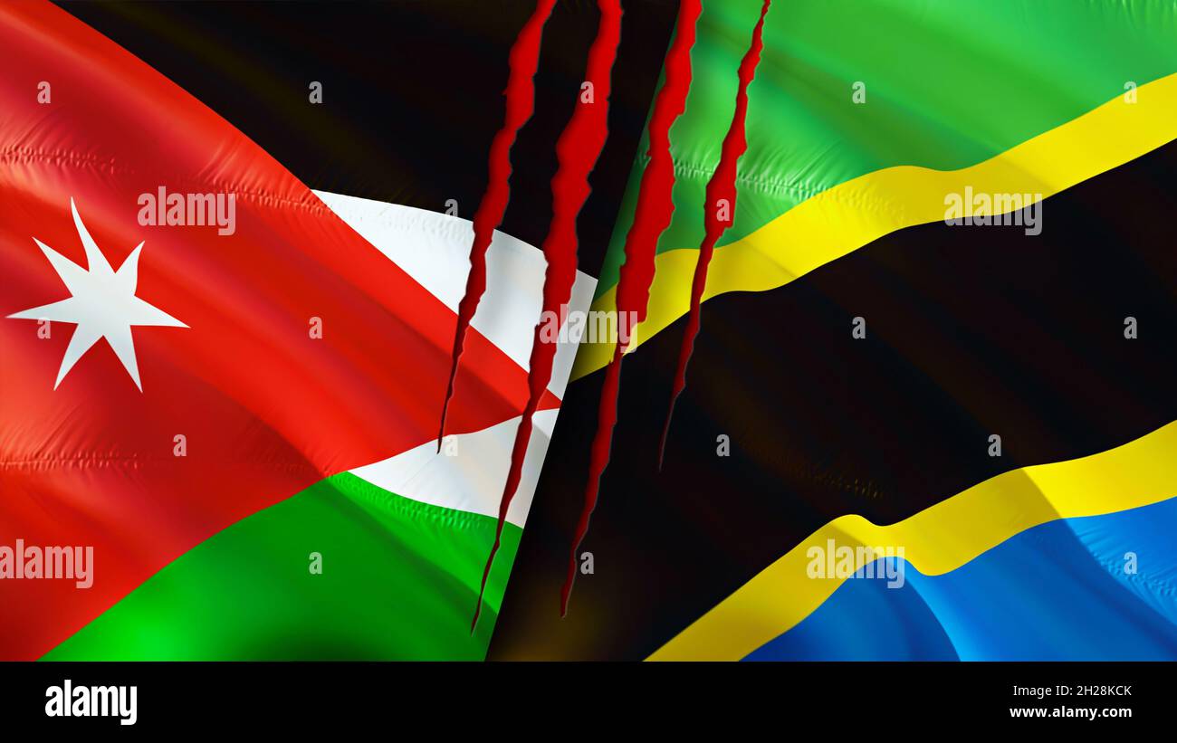 Jordan and Tanzania flags with scar concept. Waving flag,3D rendering. Tanzania and Jordan conflict concept. Jordan Tanzania relations concept. flag o Stock Photo