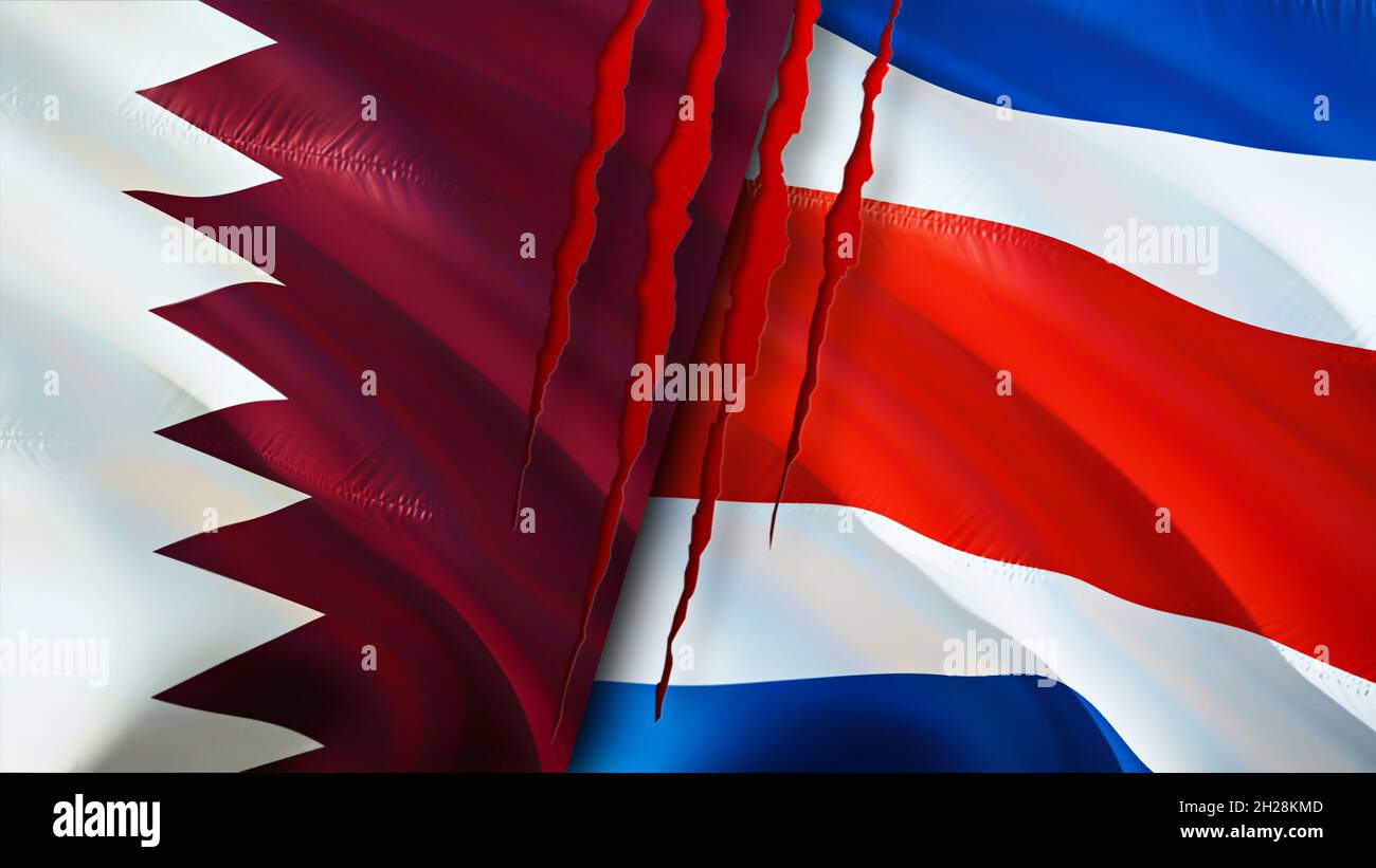Qatar and Costa Rica flags with scar concept. Waving flag,3D rendering